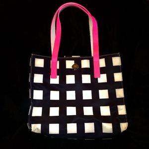 Kate Spade Black & Cream Checkered Shoulder Bag/Tote w/ Hot Pink Handles